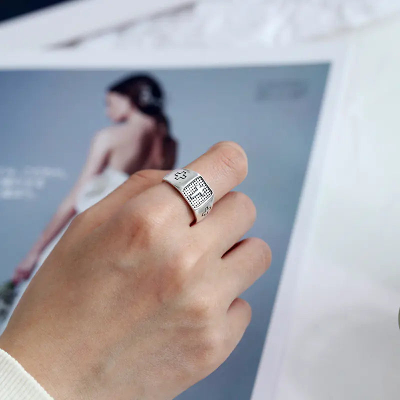 S925 Sterling Silver Marcasite Cross Men's Ring