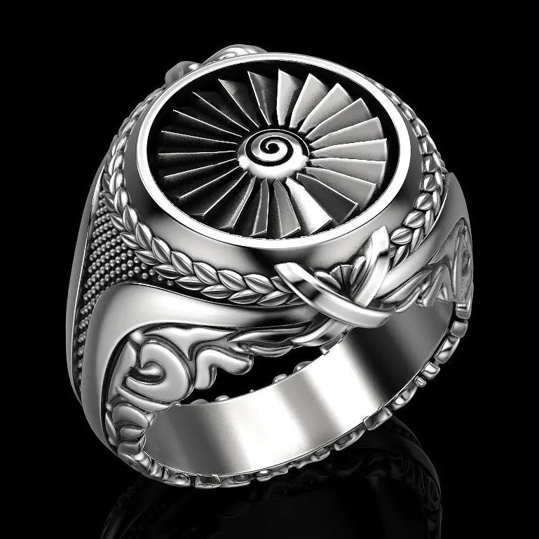 Creative Heavy Metal Turbine Ring, Vintage Silver Ring