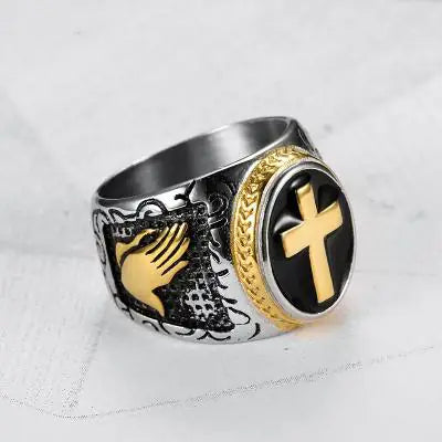 Titanium Steel Cross Men's Ring - God's Hand Design