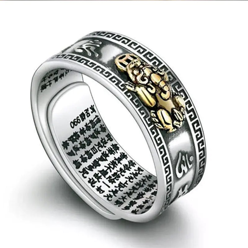Retro Men's Ring with Six-Word Mantra and Pixiu