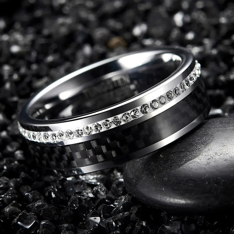 Black Carbon Fiber White Ring, Tungsten Wedding Ring