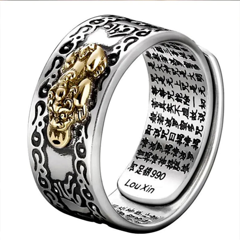 Retro Men's Ring with Six-Word Mantra and Pixiu