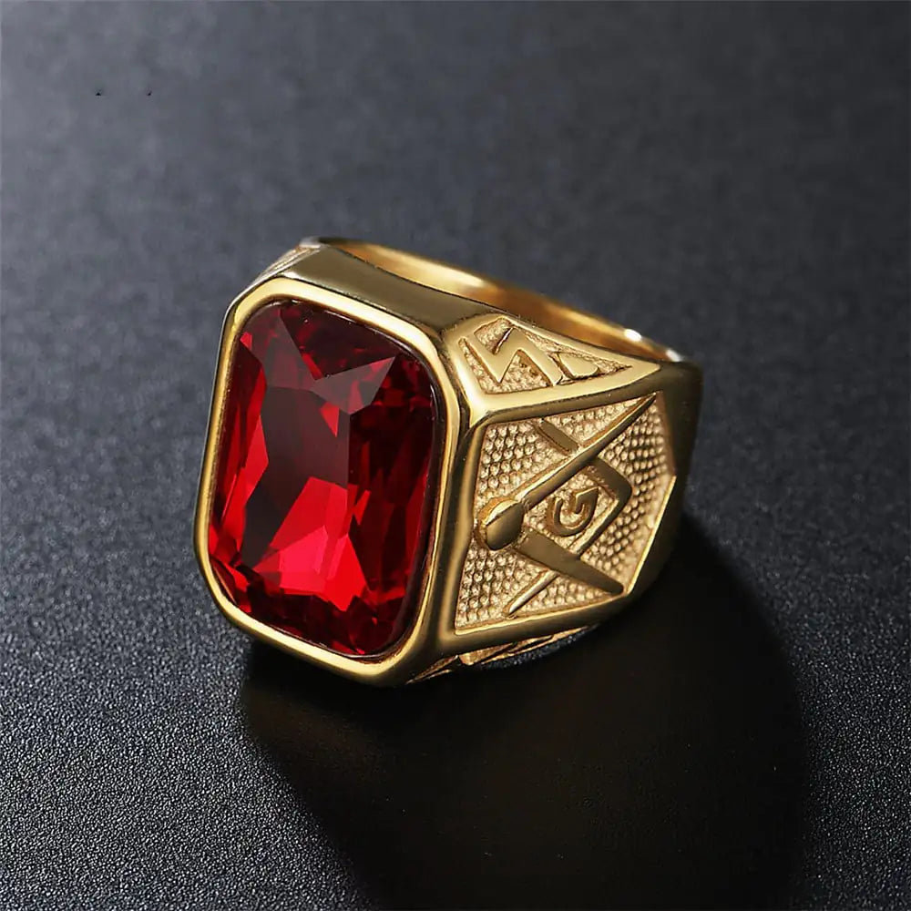 Retro Masonic Gem Titanium Steel Men's Ring