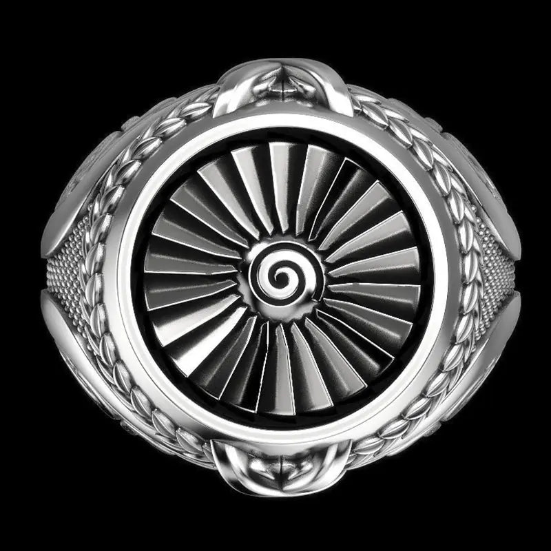 Creative Heavy Metal Turbine Ring, Vintage Silver Ring