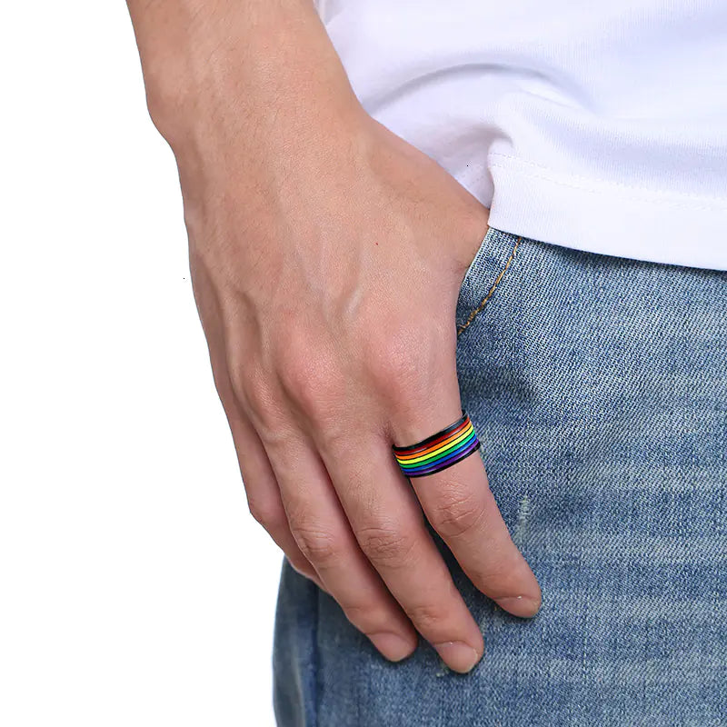 Rainbow Stainless Steel Men's Ring with Rotating LOVE