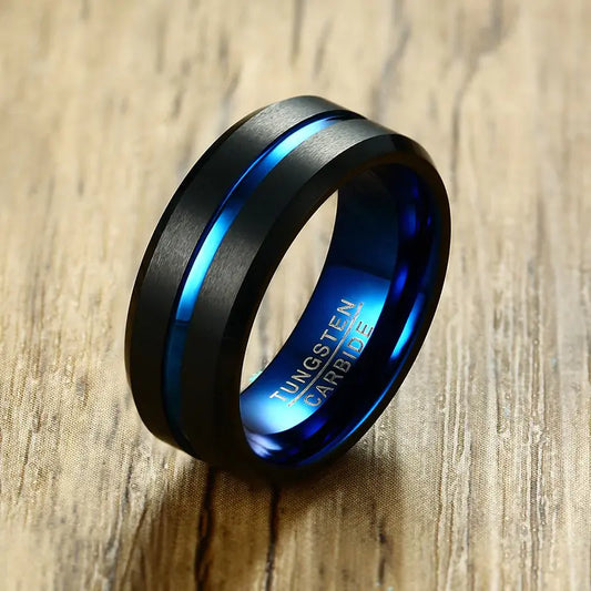 Tungsten Steel Men's Ring with Blue Inlay