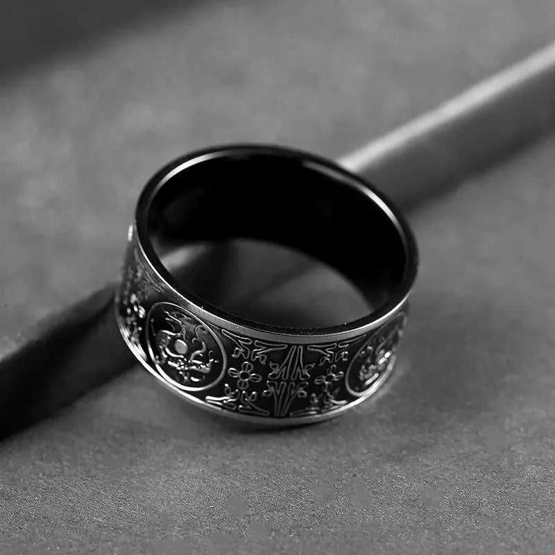Titanium Steel Black Four Divine Beasts Men's Ring