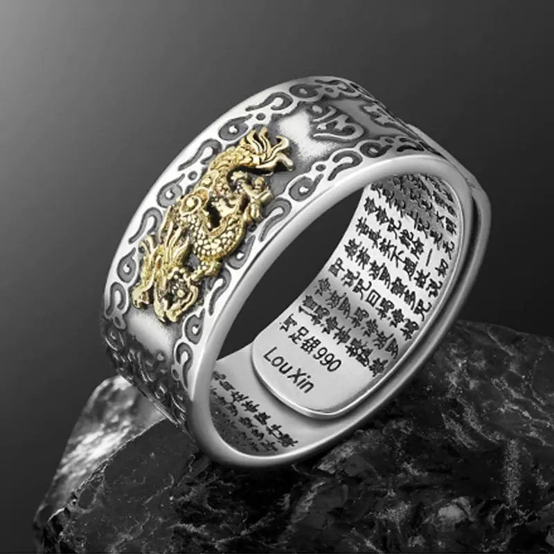Retro Men's Ring with Six-Word Mantra and Pixiu