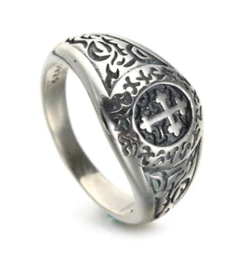 Vintage 925 Silver Men's Cross Ring and Medal Ring
