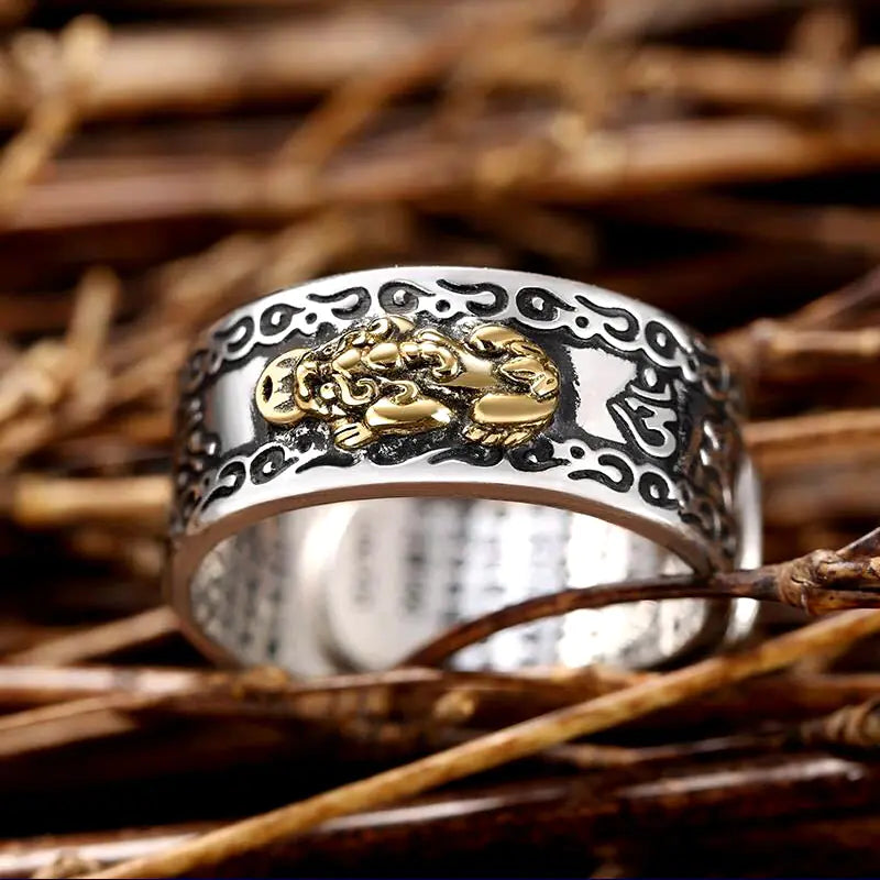 Retro Men's Ring with Six-Word Mantra and Pixiu