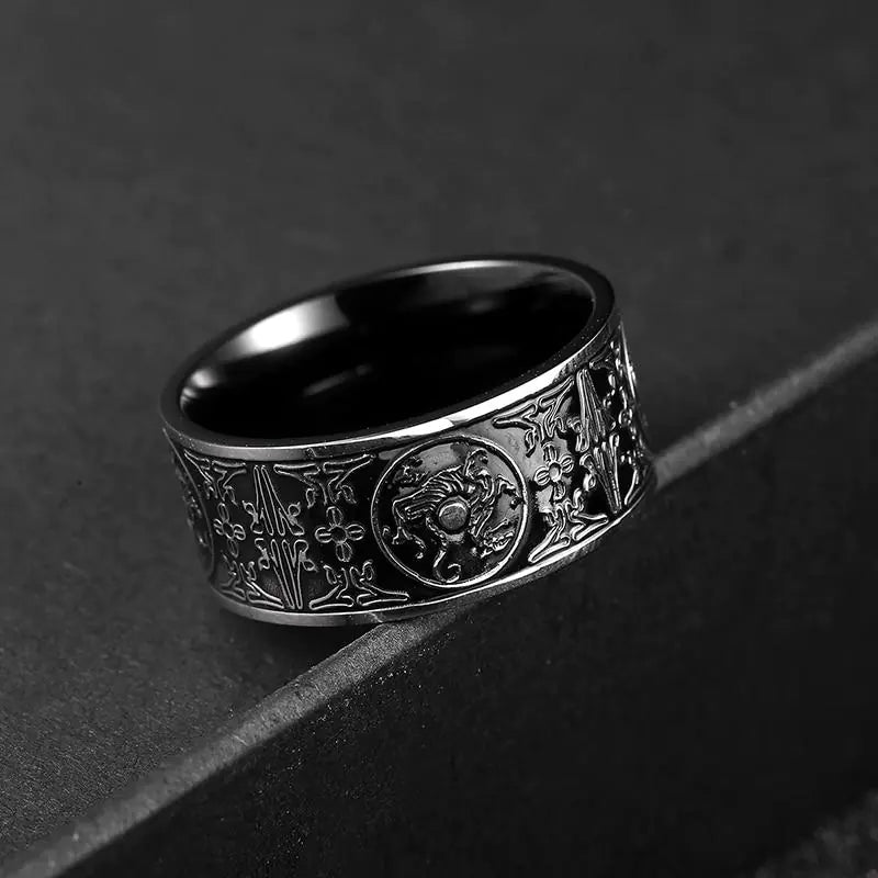 Titanium Steel Black Four Divine Beasts Men's Ring