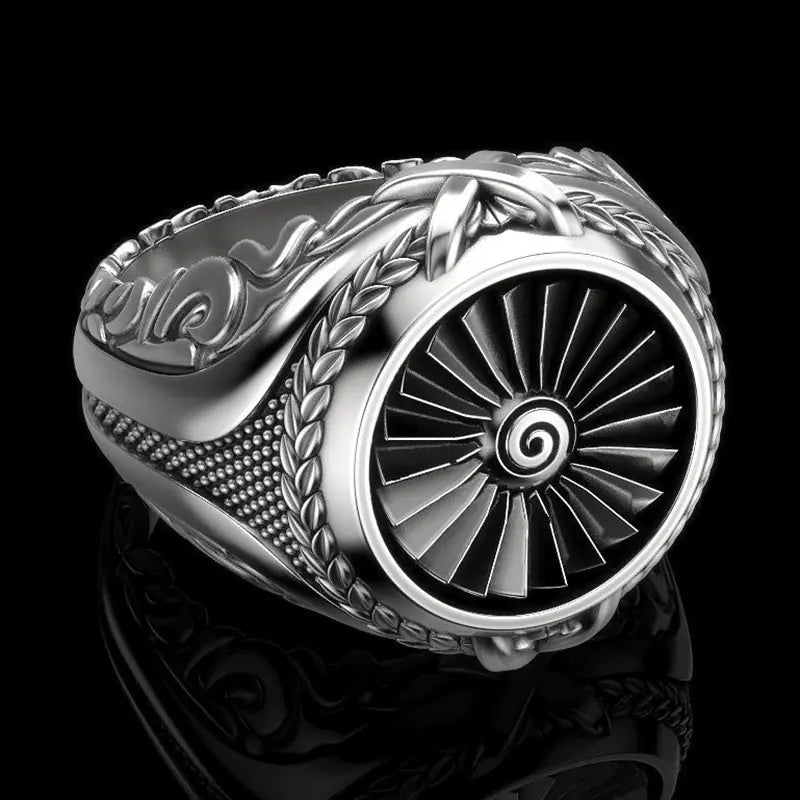 Creative Heavy Metal Turbine Ring, Vintage Silver Ring