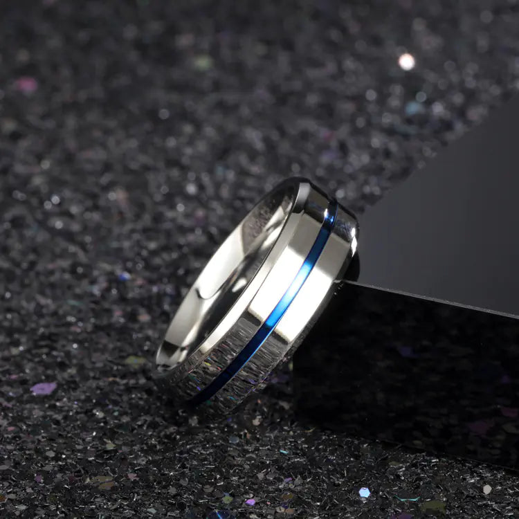 Titanium Steel Men's Ring with Blue Inlay