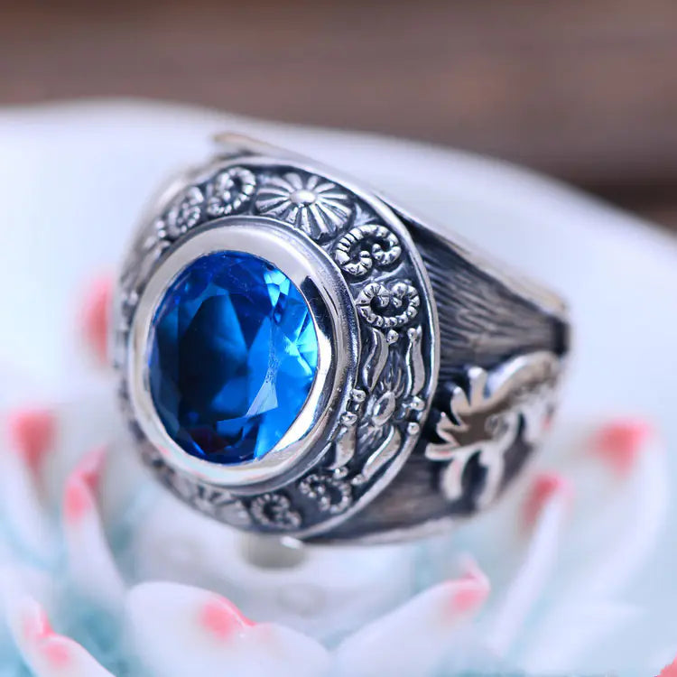 Personalized 925 Silver Men's Ring with Blue Crystal