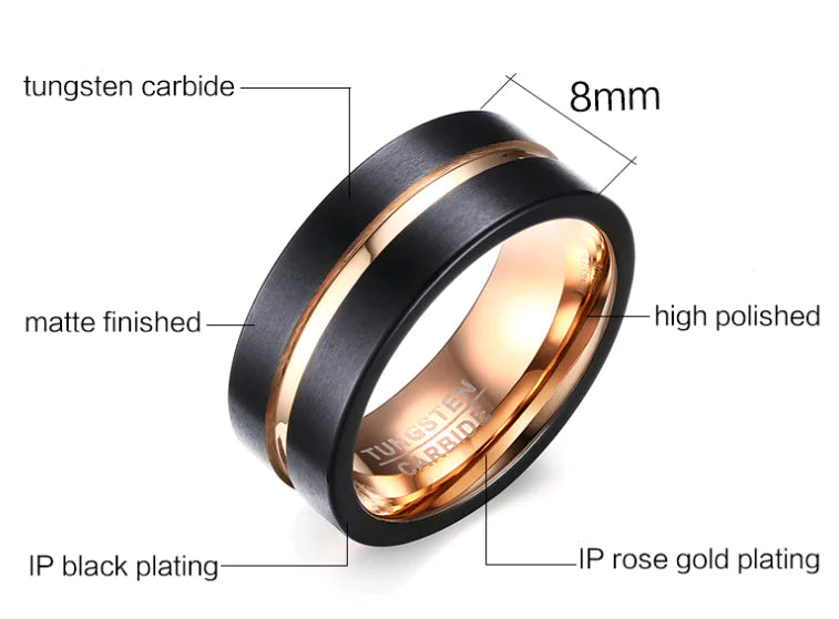 Tungsten Steel Ring, 8MM Men's Black Rose Ring