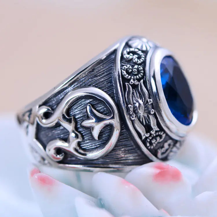 Personalized 925 Silver Men's Ring with Blue Crystal