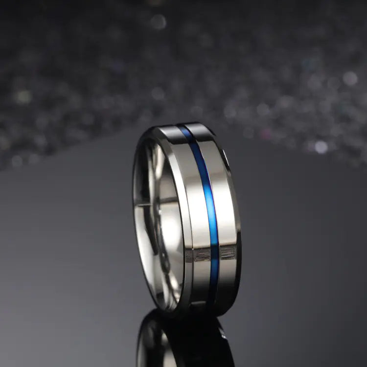 Titanium Steel Men's Ring with Blue Inlay