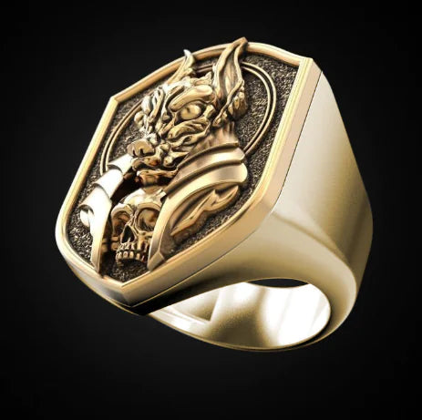 Retro Hu Lang Head Gold Plated Men's Ring 18K