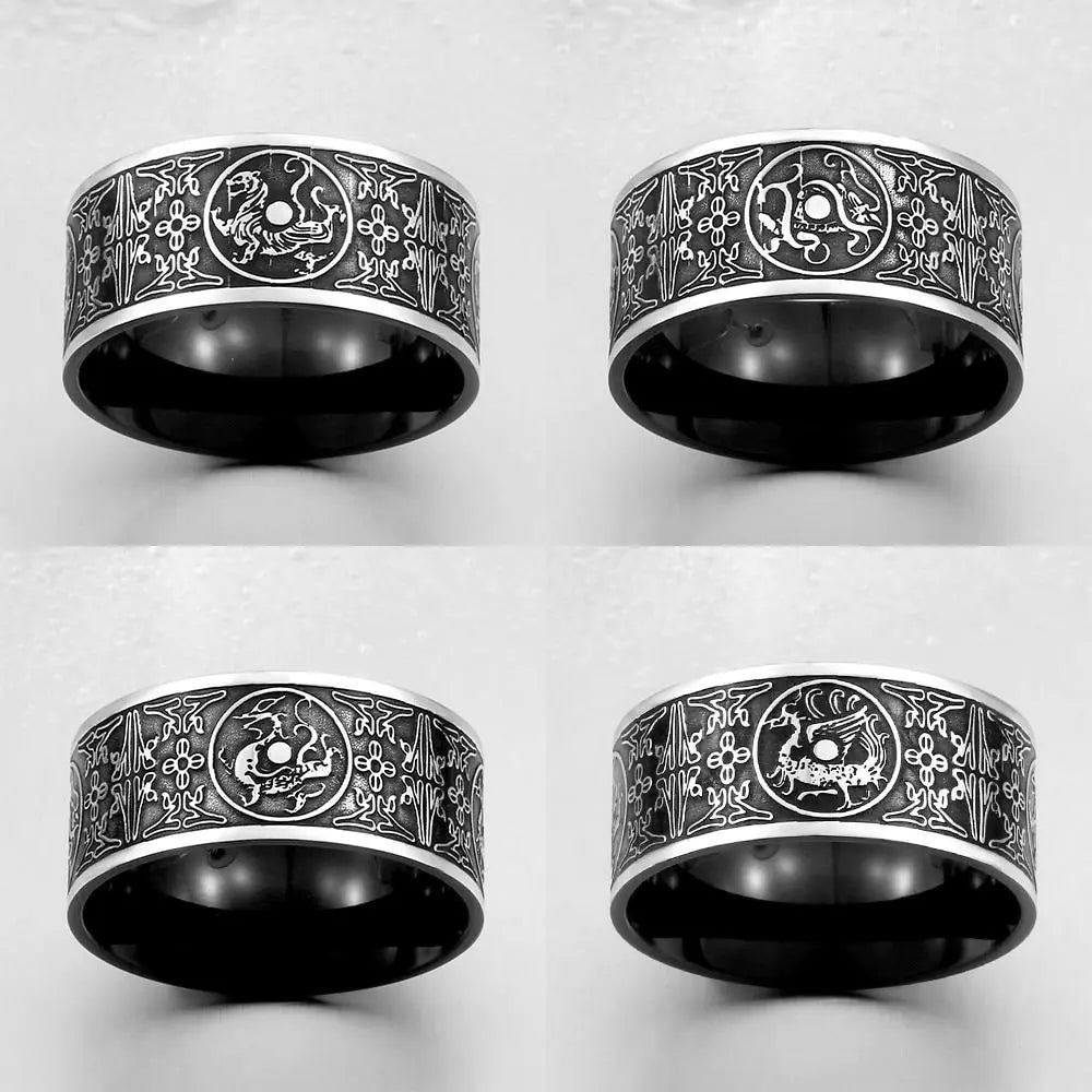 Titanium Steel Black Four Divine Beasts Men's Ring